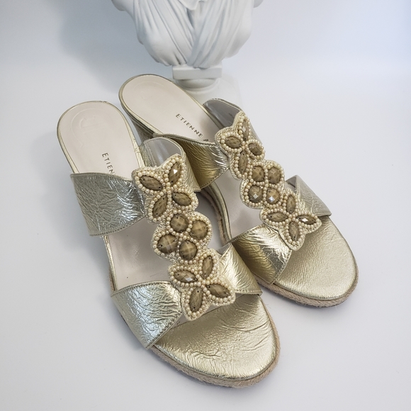 Etienne Aigner Shoes - Etienne Aigner Gold w/Jewels & Pearls Wedge - Lamay Vintage Glamoratti Retro 8.5